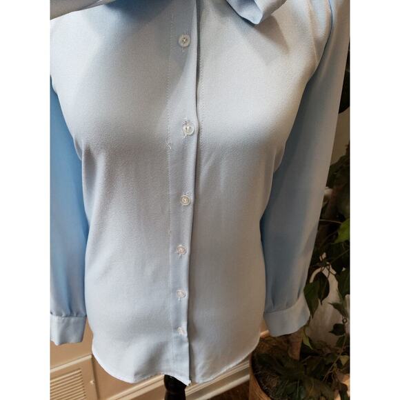Vintage Acevog Blouse M Light Blue Bow Neck Long Sleeve Button Front Office Top - Picture 5 of 11